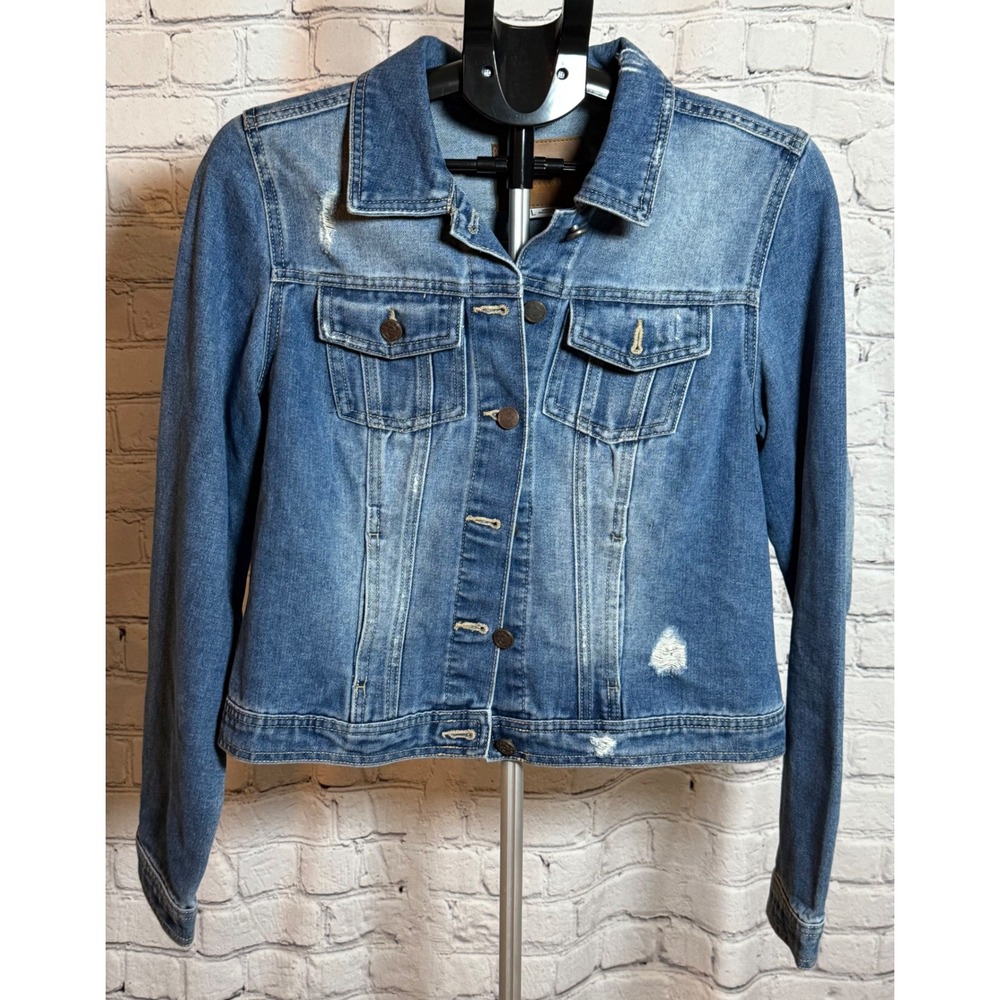 BBJ Los Angeles Womens Distressed Denim Jacket Medium Wash Blue Large